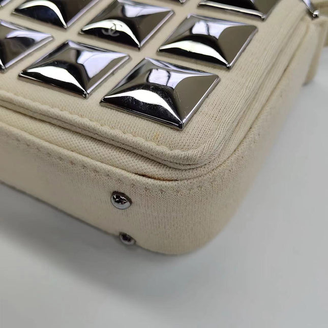 Chanel Ivory Jersey Evening Bag with Mirrored Pyramid Studs Ice Cube Chocolate Bar Shoulder Bag