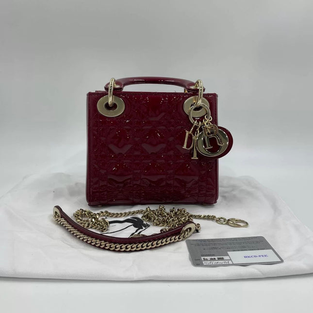 Lady Dior Mini Handbag 2017 Red Patent Leather Gold-tone Chain Strap