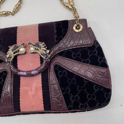 Gucci Jeweled Dragon Bag Purple Crocodile and GG Velvet Bamboo Chain Strap Shoulder Bag