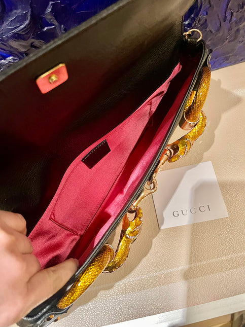 Gucci Horsebit 1955 Large Black Leather Embellished Snake Head Buckle