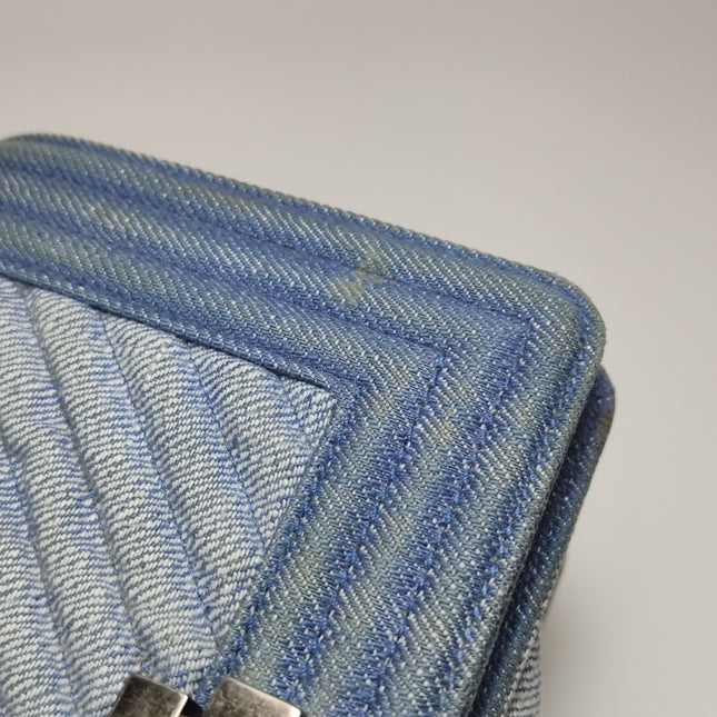 Chanel Le Boy Small Denim Blue Jeans Chevron Stitching Silver Hardware