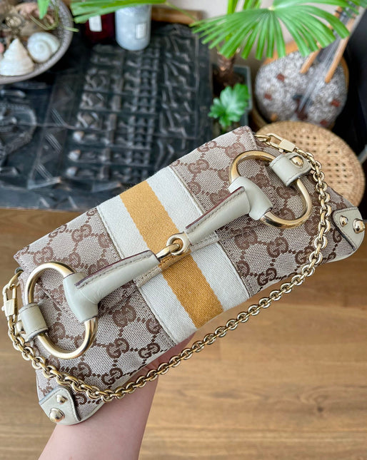 Gucci Horsebit 1955 Small Cloth Beige Monogram Yellow Web Shoulder bag-Luxbags