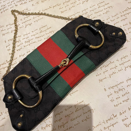 Gucci Horsebit 1955 Cloth Black Monogram Red Web Large Shoulder bag