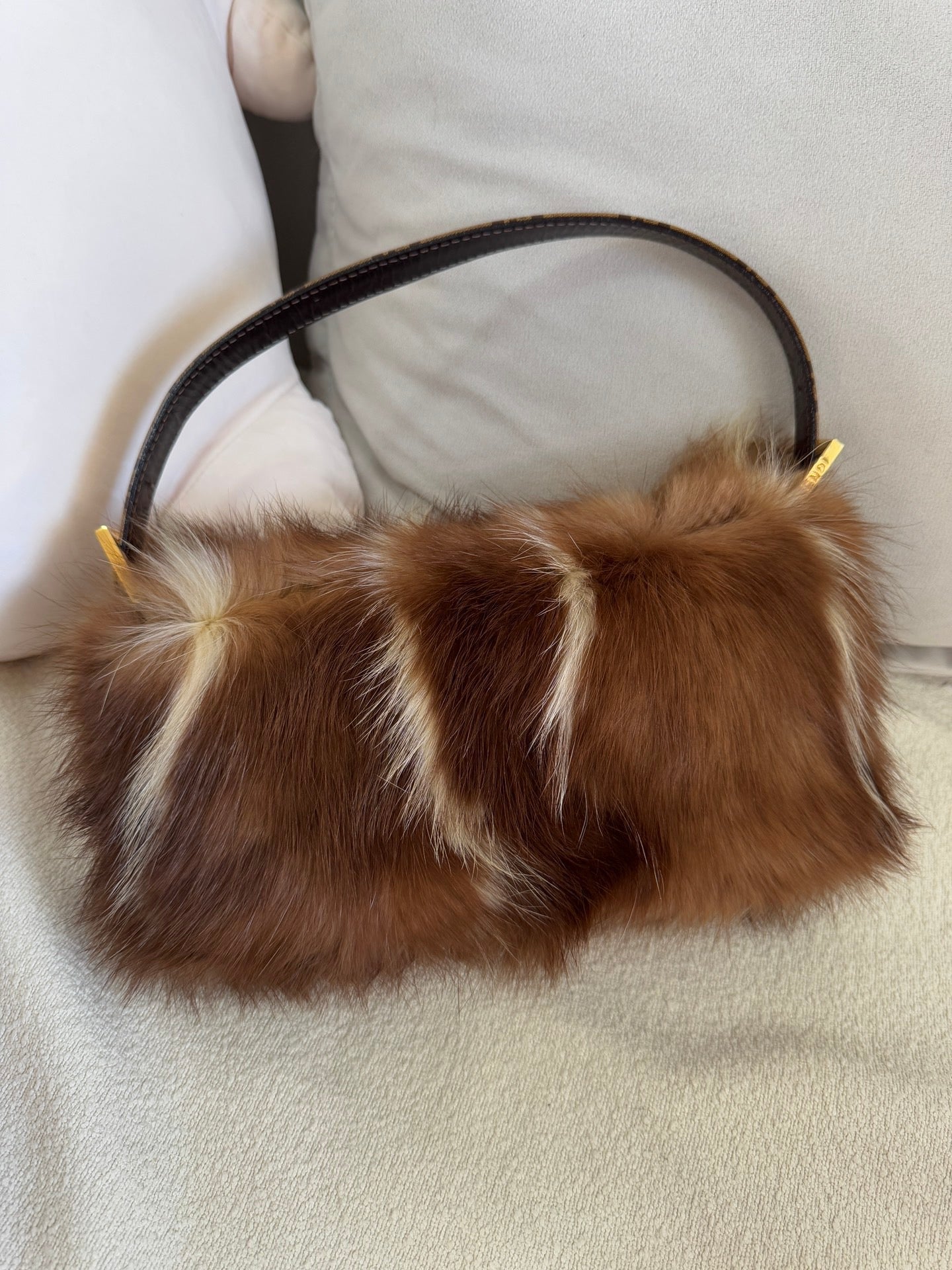 Fendi Baguette RARE Skunk Fur Vinyl Zucchino Strap Tobacco Multicolor