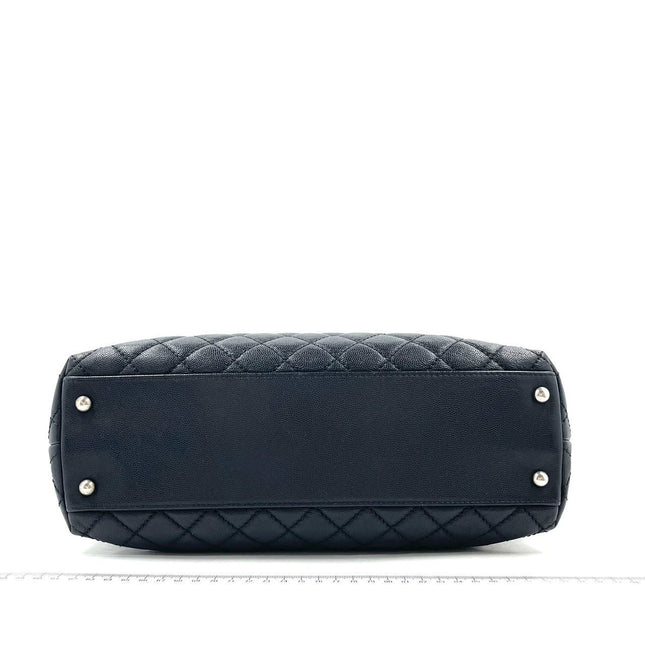 Chanel Coco Handle Maxi Black Caviar Leather Burgundy Lizard Handle Silver Hardware 32cm