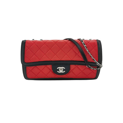Chanel Baguette Flap Shoulder Bag Lambskin Red and Black Silver Double Chain-Luxbags