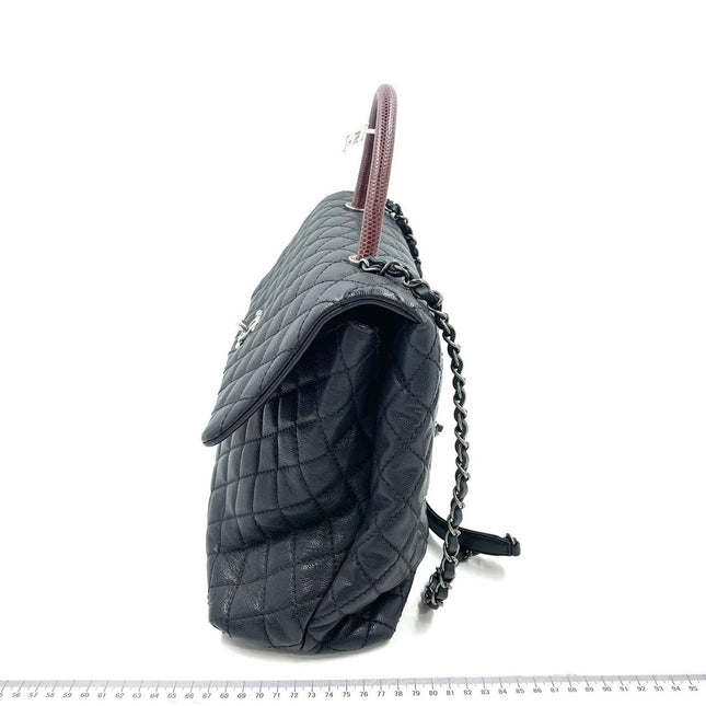 Chanel Coco Handle Maxi Black Caviar Leather Burgundy Lizard Handle Silver Hardware 32cm
