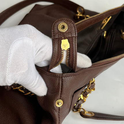 Chanel Vintage Front Pocket Tote Chocolate Brown Caviar Leather Double Gold Leather Chain