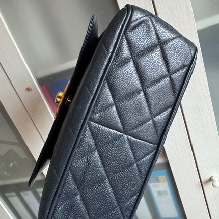 Chanel Classic Flap Vintage Navy Black Caviar Leather 24k Gold Plated Giant CC Logo, 1994-96