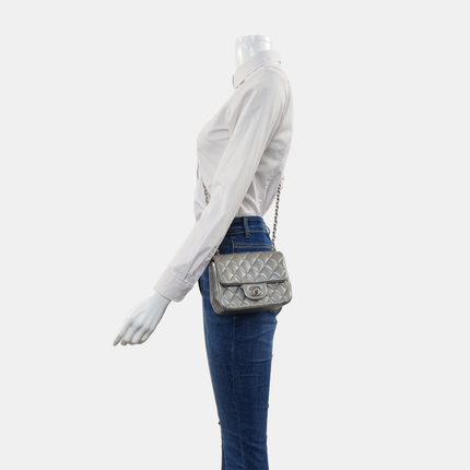 Chanel Classic Flap Mini Square Silver Lambskin Leather