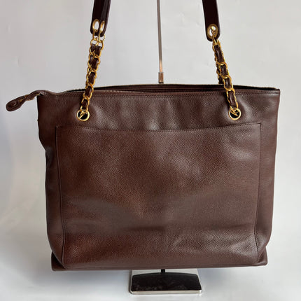 Chanel Vintage Front Pocket Tote Chocolate Brown Caviar Leather Double Gold Leather Chain
