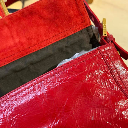 FENDI Baguette Red Crinkled Patent Leather Shoulder Bag