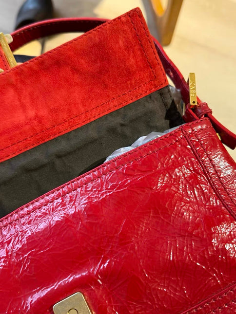 FENDI Baguette Red Crinkled Patent Leather Shoulder Bag