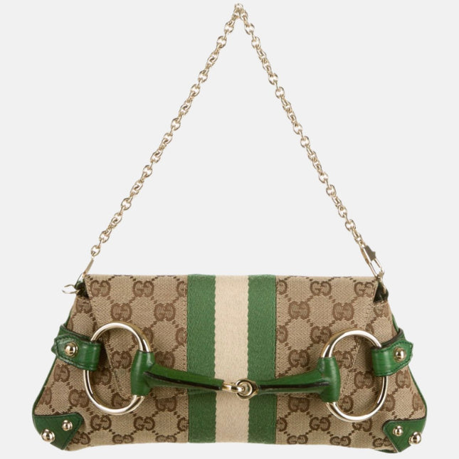 Sold Iconic Gucci Horsebit 1955 Chain Cloth Gucci Monogram Green Leather and Gold Studs-Luxbags