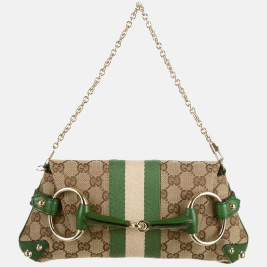 Gucci Horsebit 1955 Chain Bag Gucci Monogram Green Leather and Gold Studs-Luxbags