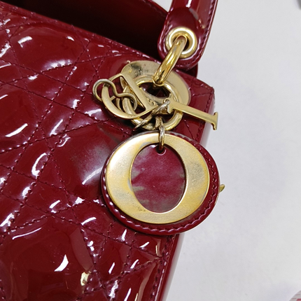 Lady Dior Mini Handbag Burgundy Red Patent Leather Gold-tone Chain Strap