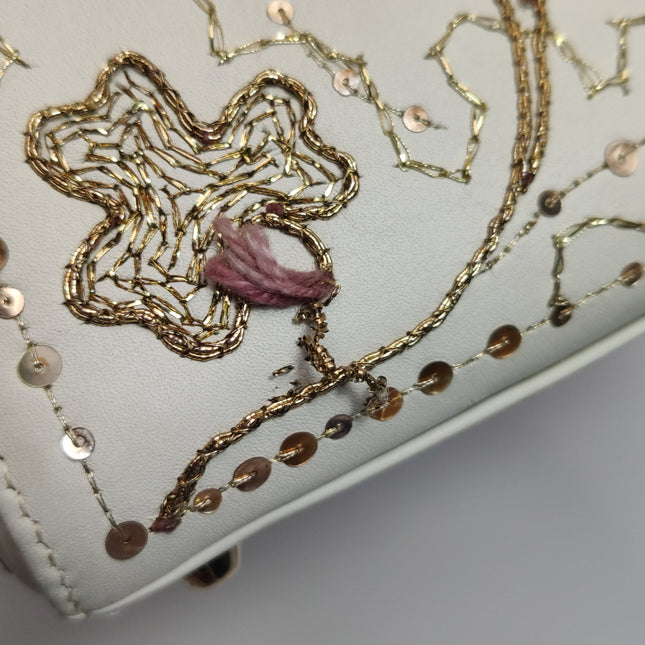 Lady Dior Mini 2018 Embroidered White Calfskin Leather Gold Beads Crossbody Bag