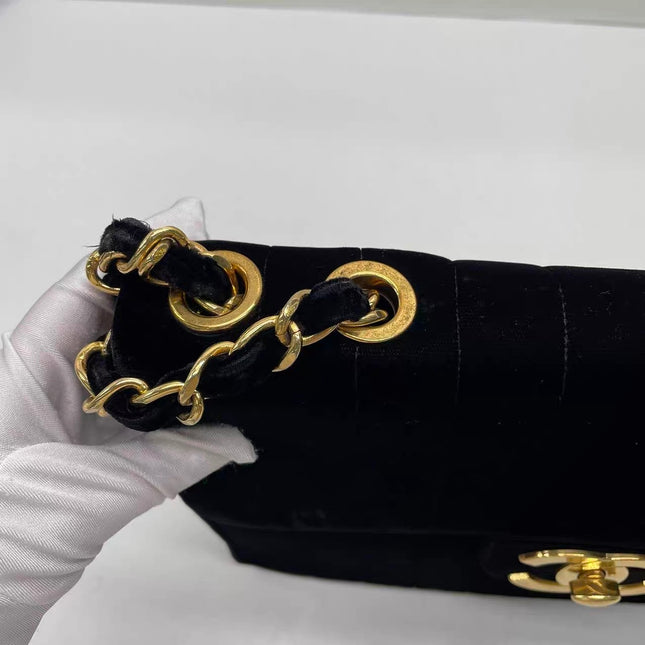 Chanel Classic Flap Maxi Black Velvet Leather Giant Gold CC Logo
