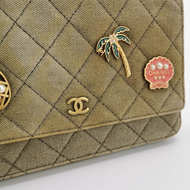 Chanel Wallet on Chain Khaki Quilted Canvas Coco Cuba Charms 2017