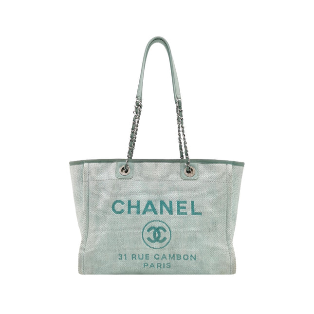 Chanel Deauville Tote Light Blue Cloth Leather Chain Handle Small 34cm-Luxbags