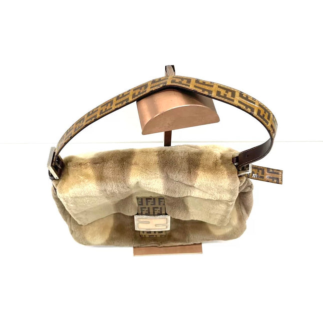 Fendi Mamma Baguette Brown Beige Soft Fur Shoulder Bag