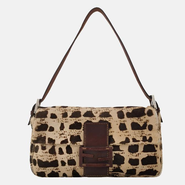 Fendi Baguette Pony-style Calfskin Leather Brown Printed on Beige-Luxbags