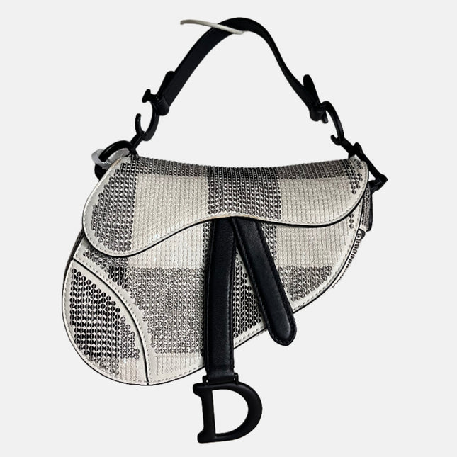 Dior Saddle Mini Beaded Black and White checkered Pattern-Luxbags