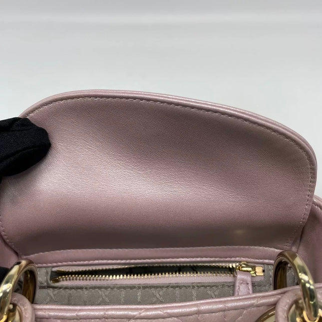 Lady Dior Mini 2016 Pearlescent Pink Lambskin Leather Gold Chain Strap