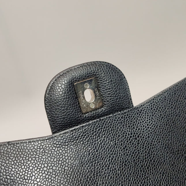 Chanel Classic Flap Jumbo Black Caviar Leather Double Flap Silver Hardware