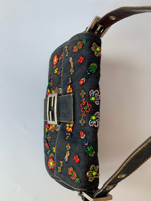 Sold FENDI Baguette Blue Denim with beaded Flower Embroidery