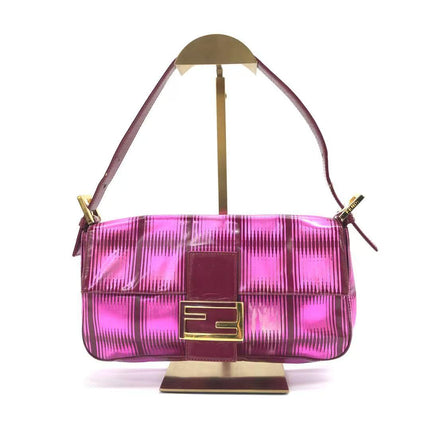 Fendi Baguette Pink Patent Leather Striped Gold Hardware Shoulder Bag-Luxbags