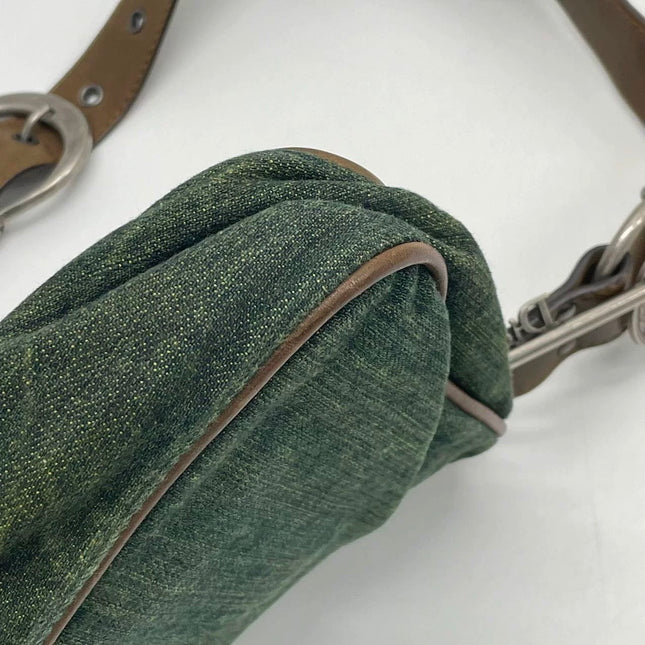 Dior Vintage Gaucho Large Green Denim Brown Leather Crossbody Bag