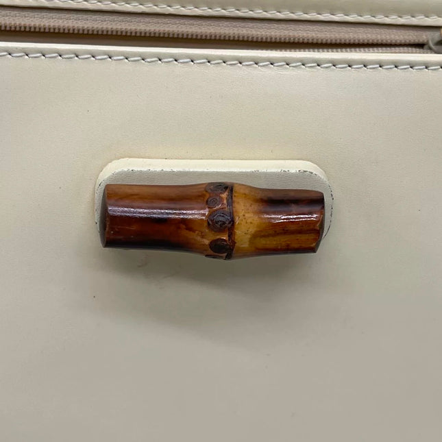 Gucci Bamboo 1947 Vintage Small White Box Leather Top Handle and Leather Strap Bag