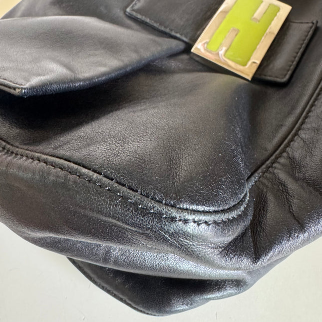 Fendi Mamma Baguette Black Lambskin Leather Green Enamel Buckle