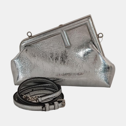 Fendi First Small Silver Shiny Calfskin Leather Clutch with Shoulder Strap