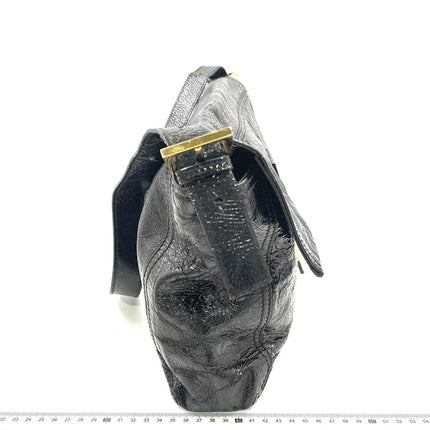 FENDI Baguette Large Black Crinkled Patent Leather Shoulder Bag