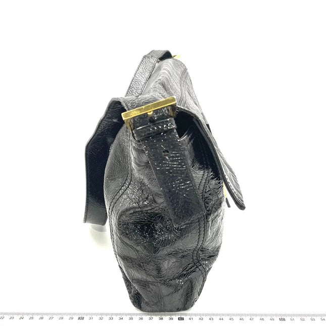 FENDI Baguette Large Black Crinkled Patent Leather Shoulder Bag