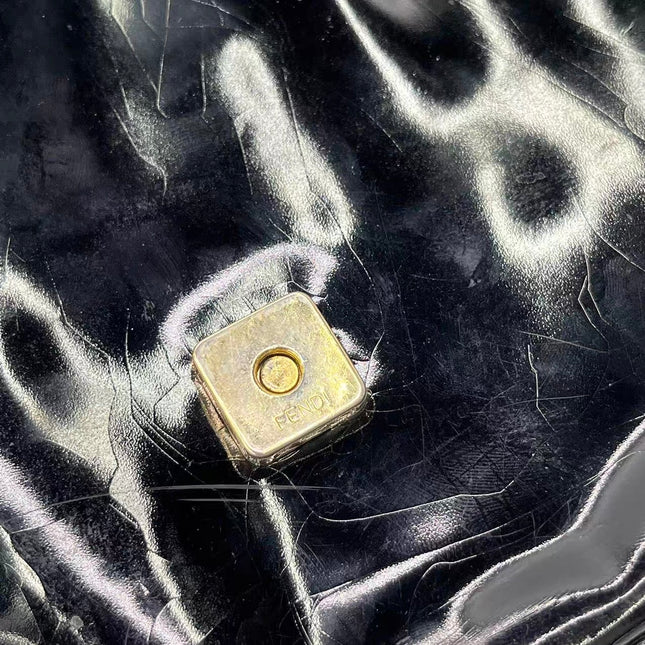 Fendi Baguette Black Patent Leather Gold Hardware Shoulder Bag