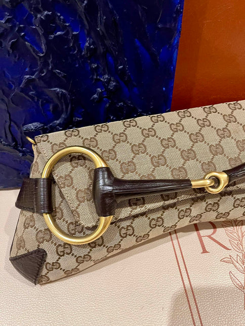 Sold Gucci Horsebit 1955 Large Cloth Beige Monogram Brown Leather Shoulder bag