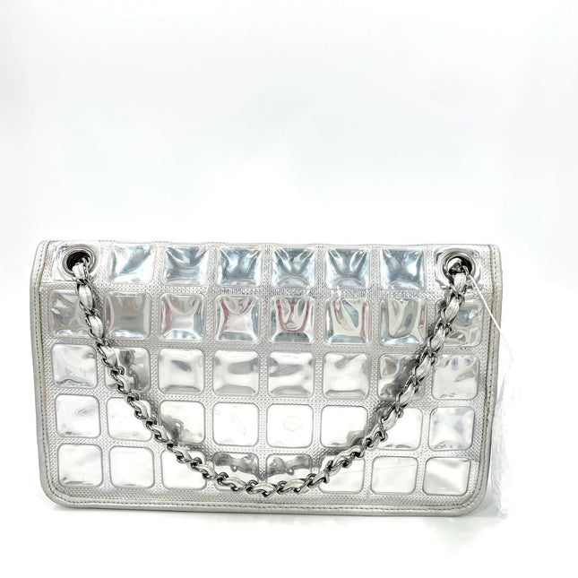 Chanel Ice Cube Chocolate Bar Classic Flap Metallic Silver PVC with Leather