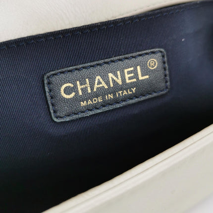 Chanel Le Boy Medium White Pearlescent Waffle Lambskin Leather Red Lock 2013-2014