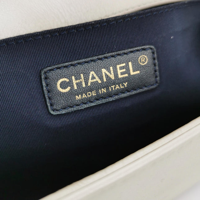 Chanel Le Boy Medium White Pearlescent Waffle Lambskin Leather Red Lock 2013-2014