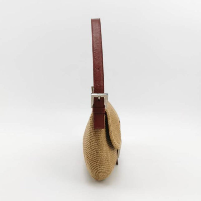 Sold Fendi Mamma Baguette Raffia Straw Shoulder Bag Red Leather Strap