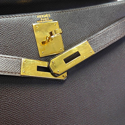 Hermès Kelly 28 Vintage Sellier Dark Brown Epsom Leather Gold Hardware 1990