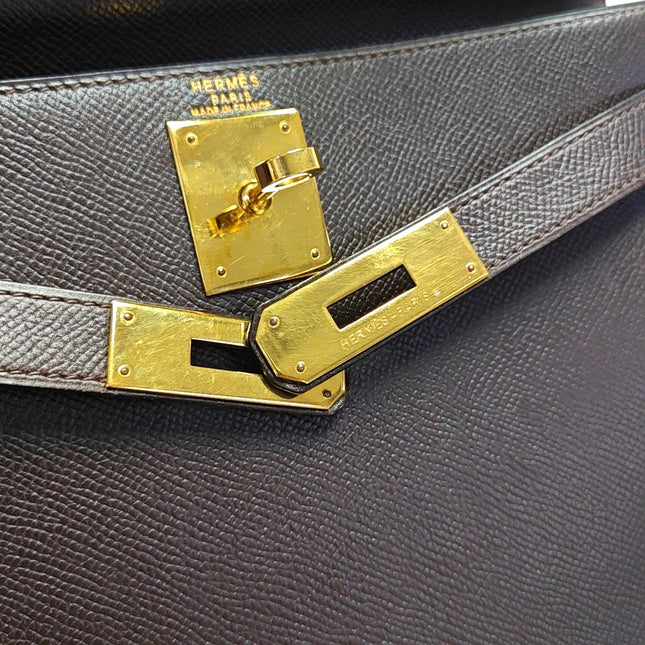 Hermes Kelly 28 Vintage Sellier Dark Brown Epsom Leather Gold Hardware 1990