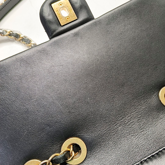Chanel Black Lambskin Red Stitching Single Flap Double Chain Bag 2017
