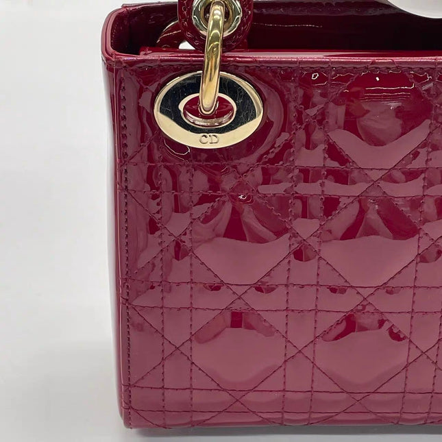 Lady Dior Mini 2020 Red Burgundy Patent Leather Gold Hardware Suede Interior Chain Strap