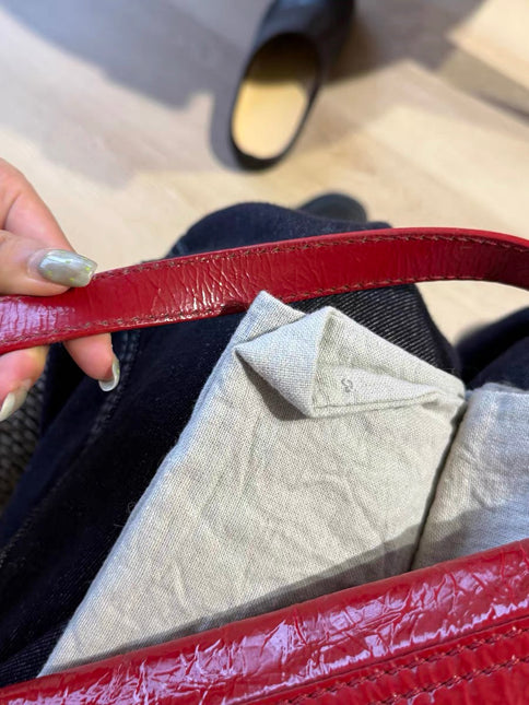 FENDI Baguette Red Crinkled Patent Leather Shoulder Bag