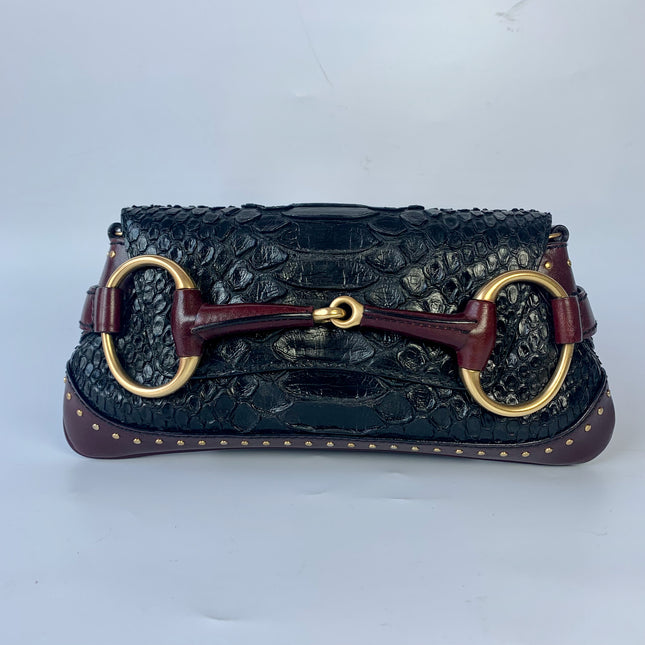 Sold Gucci Horsebit 1955 Black Crocodile Skin and Burgundy Leather based and Gold Hardware Small