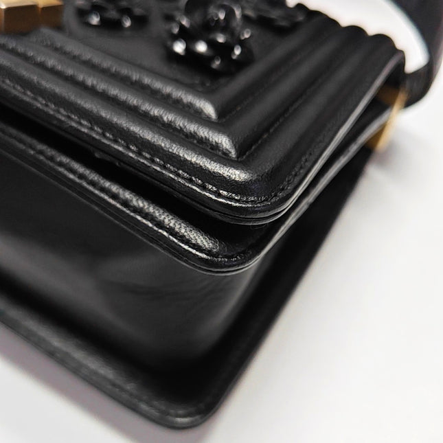 Chanel Le Boy Bag Small Camellia Black Lambskin Leather Gold Hardware